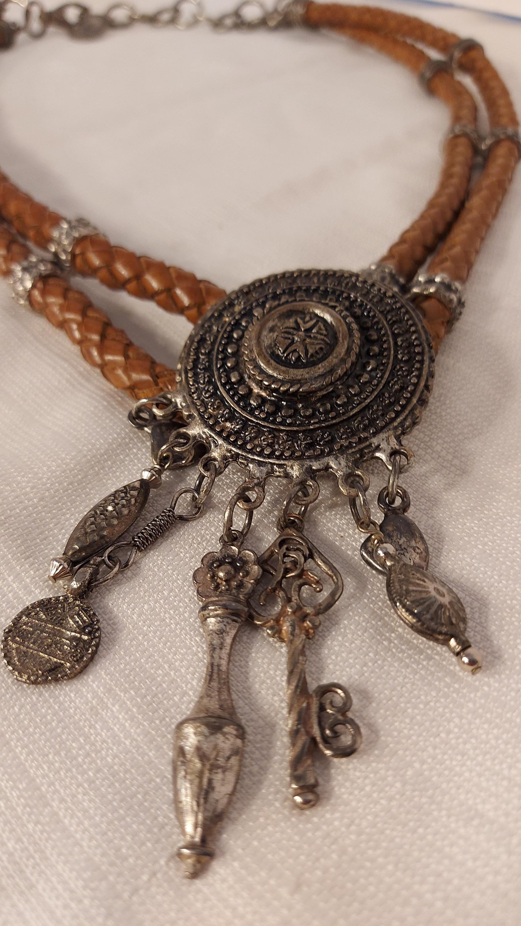 Vintage Brown Leather Braided Charm Belt, Italian Boho 