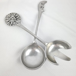 Service à salade vintage en étain céleste - Fourchette et cuillère, visage soleil et lune