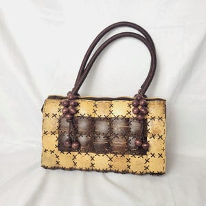 Hand-stitched Coconut Shell Patchwork Purse | Sustainable Boho Handbag with Wood Beads