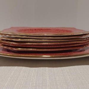 Vintage Square Serving Plate With Six Luncheon Plates Royal Winton Grimwades Made In England Mottled Pink Gold Edging
