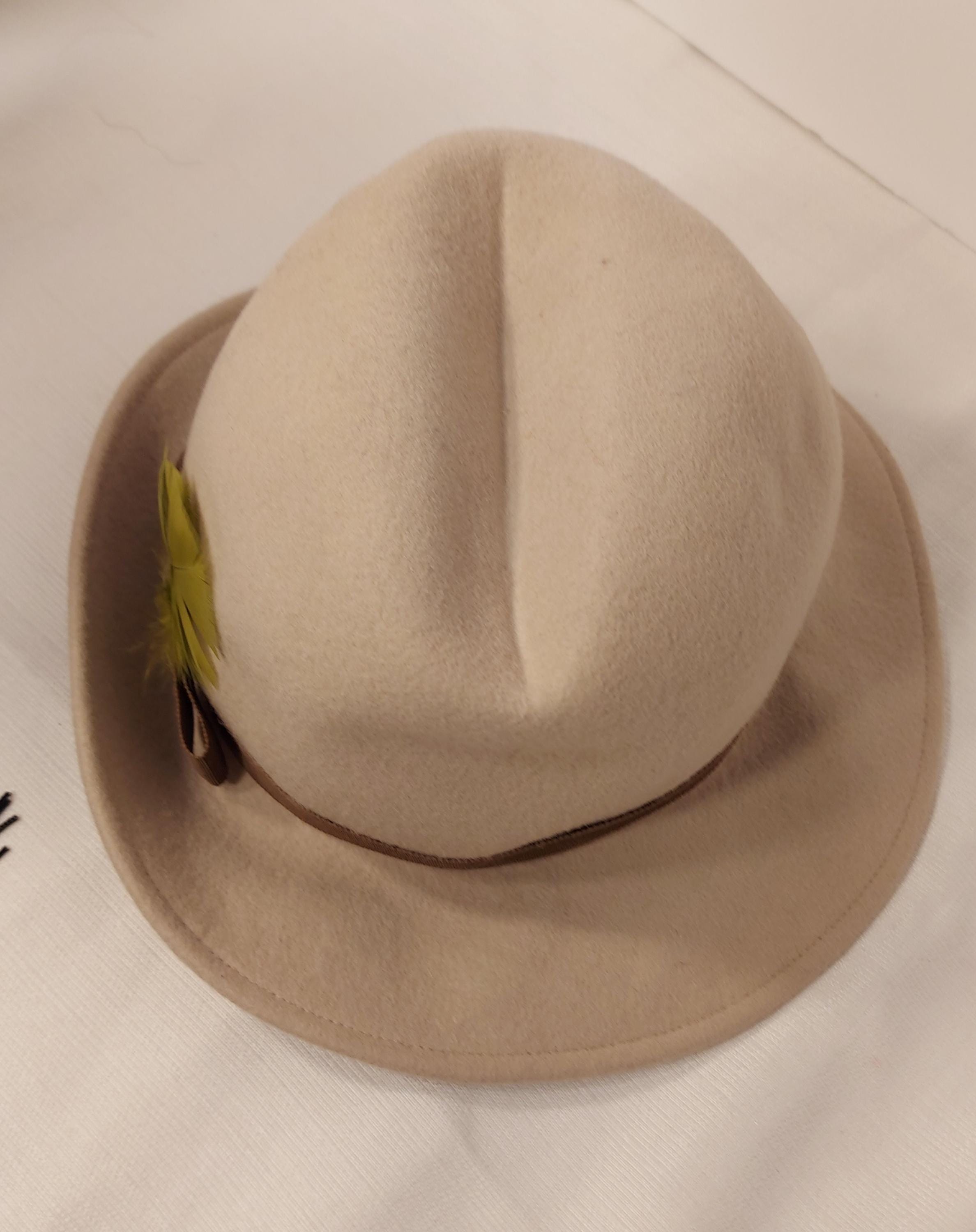 Vintage Beige Wool Felt Hat With Brown Ribbon, Made in USA 