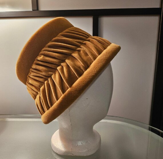 1960s Gold Velvet Bucket Hat with pleats , Country Club Creation, Canada