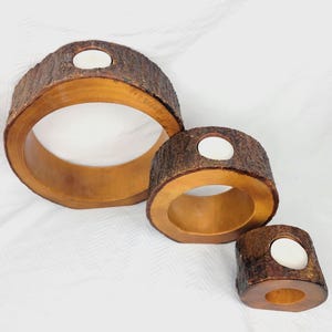 Set of 3 Rustic Mango Wood Nesting Tealight Holders, Live Edge Bark Centerpiece