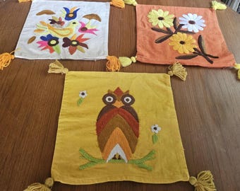 Beautiful Mexican Hand Embroidered Otomi Tenango Style Square Pillowcase&#39;s Birds And Floral Designs Bright Colors Tassels (PILLOWCASE ONLY)