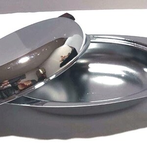 Vintage Glo-Hill Chrome Dish with Lid, Cherry Red Bakelite Handles