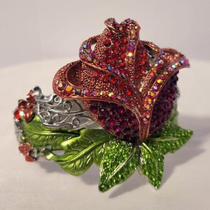 Y2K Large Red Rose & Green Leaf Rhinestone Hinged Bangle, Statement Costume Jewelry Bracelet, USA
