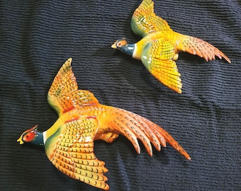 Vintage 1950-60's MCM Flying Pheasant Wall Plaques, Set of 2 Ceramic Birds