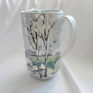 Signed Manolo e Claudia Deruta Italy Pitcher, Hand-Painted Winter Landscape Pottery Water Jug, Italy
