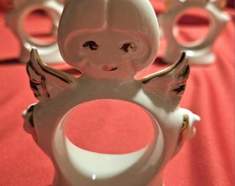 Vintage Ceramic Angel Napkin Rings, Gold Wings - Set of 8