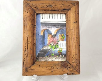 Original A. Sanchez Oil Painting, Mediterranean Courtyard Scene, Vintage Textured Wall Art, Rustic Wormy Wood Frame, Spanish Patio Decor