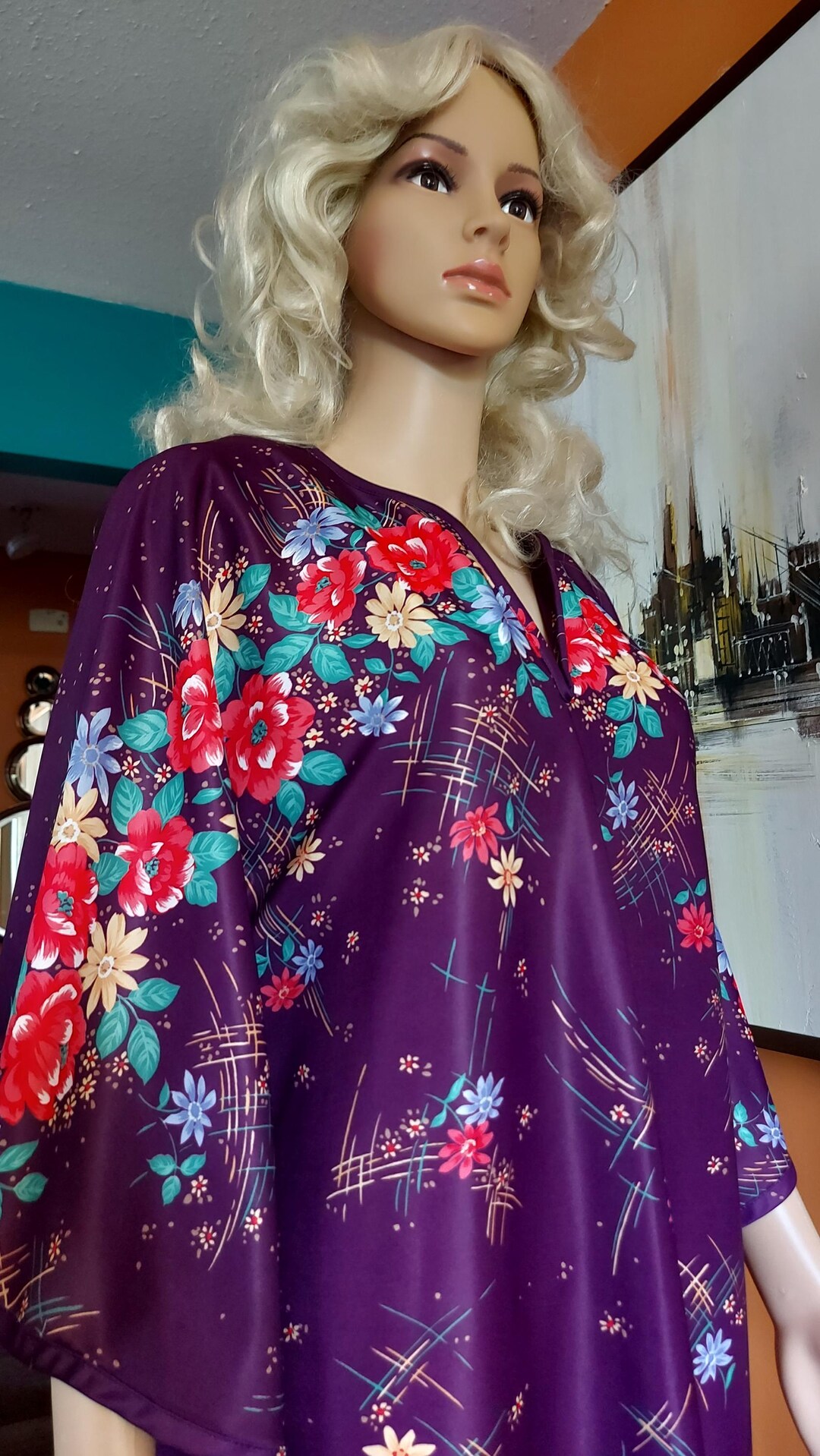 Vintage 70s Floral Kaftan Dress, Maxi Lounge Wear, Made in Canada - Etsy