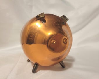 Vintage Coppercraft Guild Copper Piggy Bank, Brass Accents, Mid Century Retro Decor