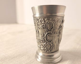 Vintage BMF Zinn Pewter Shot Glass, Lovers & Cityscape Design
