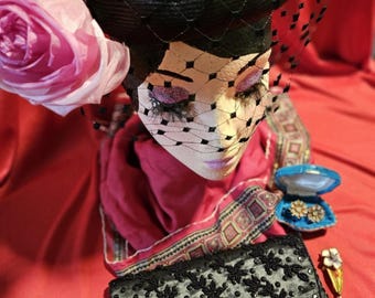 Vintage Accessories Bundle: Peggy Anne Hat, Beaded Clutch, Silk Scarf, Rhinestone Earrings, Brooch