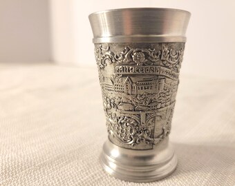 Vintage BMF Zinn Pewter Shot Glass, Lovers & Cityscape Design