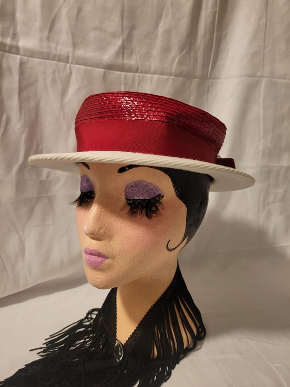 Vintage 1940s/50s Elizabeth Ford Red & White Straw Boater  display picture 2