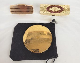 Vintage 3pc Mid Century Vanity Set: Rare 1959 Stratton Piccadilly Compact, Gold Tone Folding Lipstick Mirror, Florentine Lipstick Case