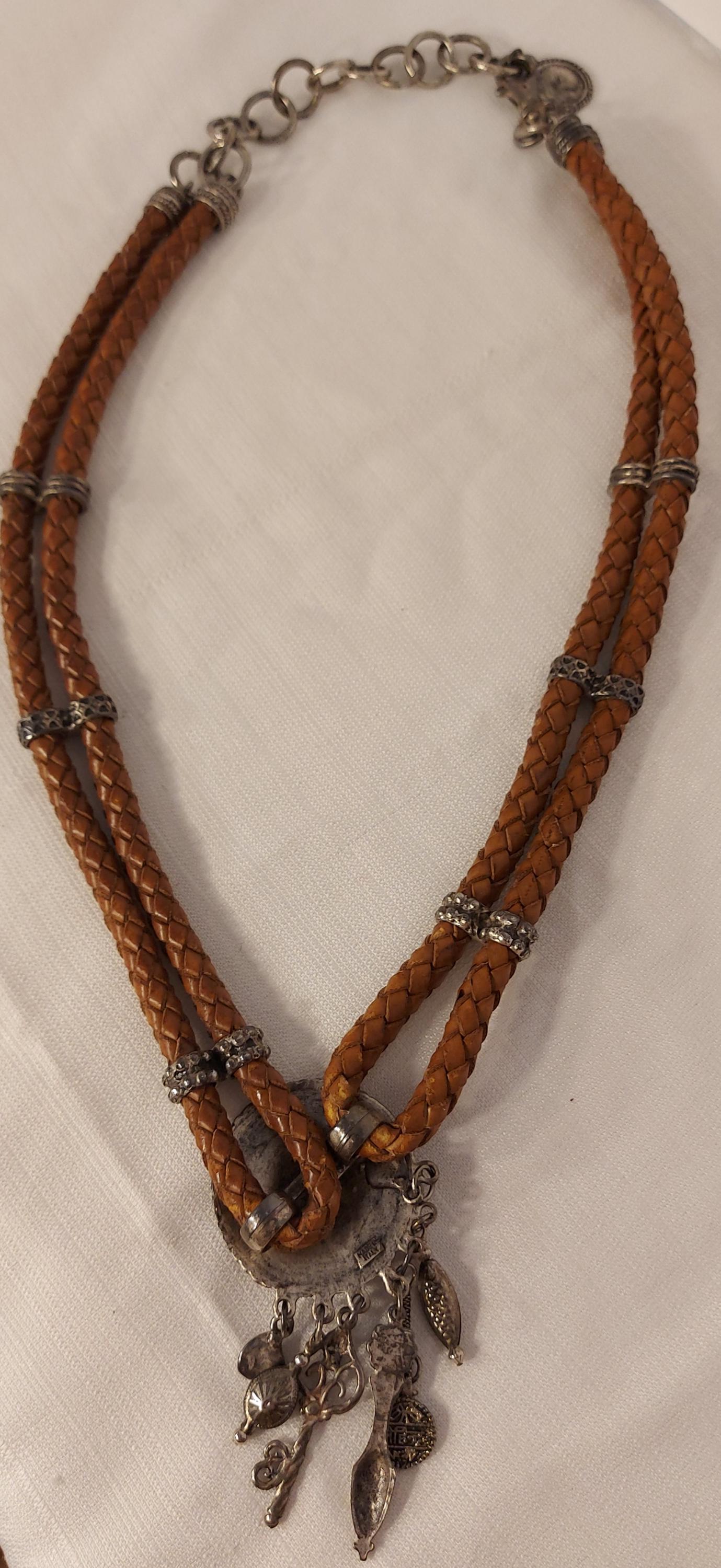 Vintage Leather Chain Belt Womens Medium Brown Boho Western Festival Belt ITALY Vintage Brown Leather Braided Charm Belt, Italian Boho  main image 2