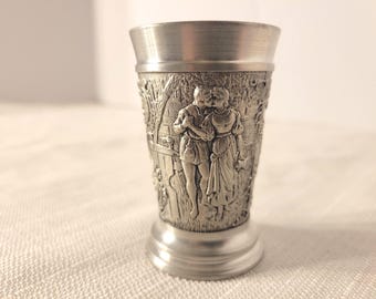 Vintage BMF Zinn Pewter Shot Glass, Lovers & Cityscape Design