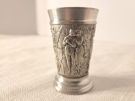 Vintage BMF Zinn Pewter Shot Glass, Lovers & Cityscape Design