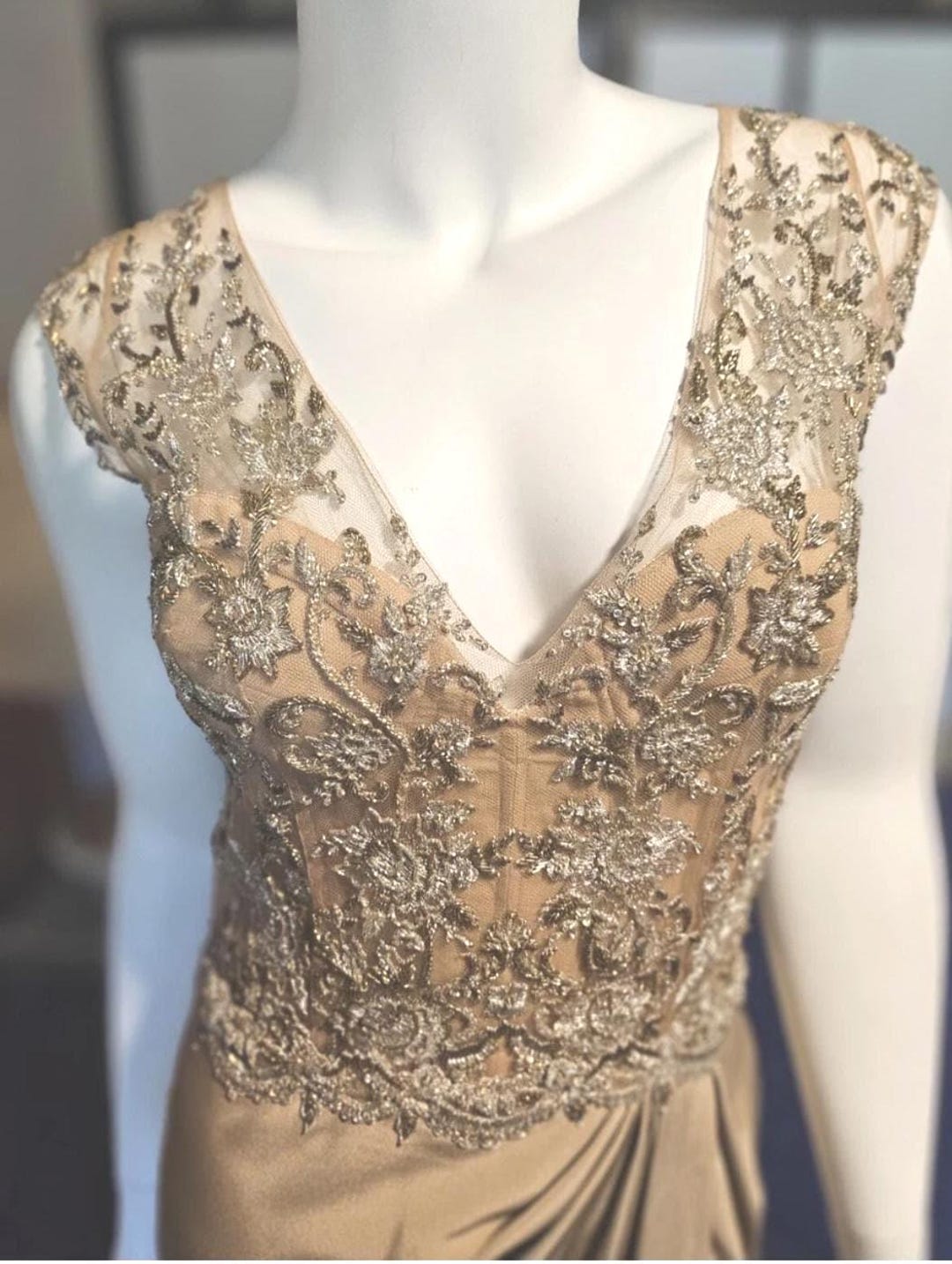 lorena sarbu gold dress Designer Beaded Lace Evening Gown, Pleated Satin Skirt, Size 4, USA Shirts - Clothing