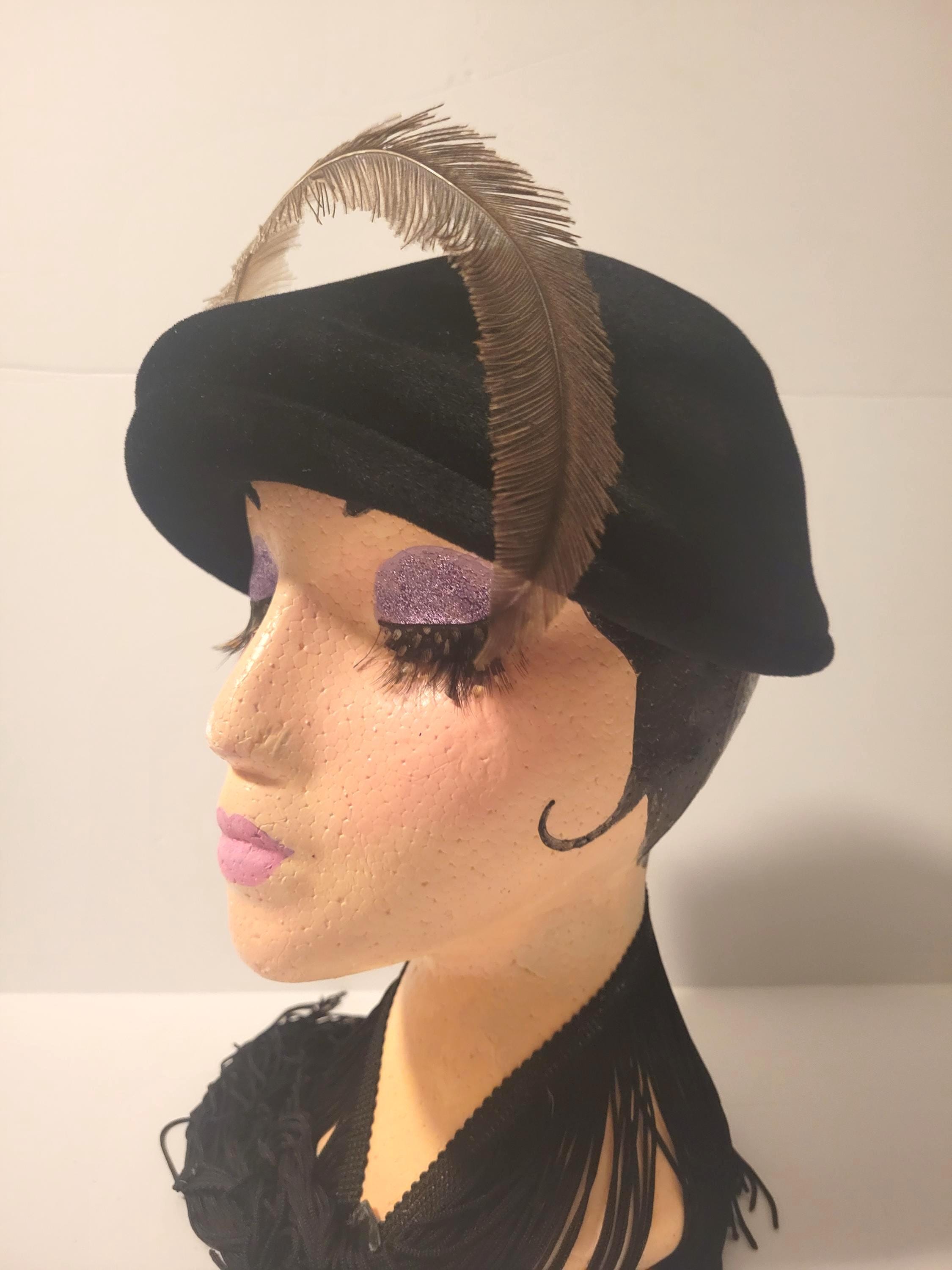 Vintage 1940/50s Black Felt Cloche Hat with Dramatic Feather, A Jolann Creation, Mid-Century Cocktail Tilt Hat, USA