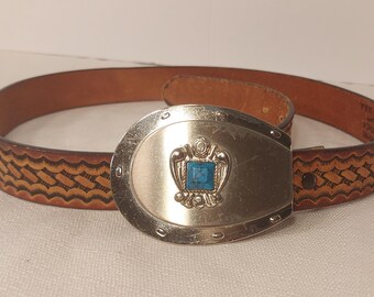 Tooled Leather Western Belt, Big Agate Stone Buckle, Horse  display picture 1