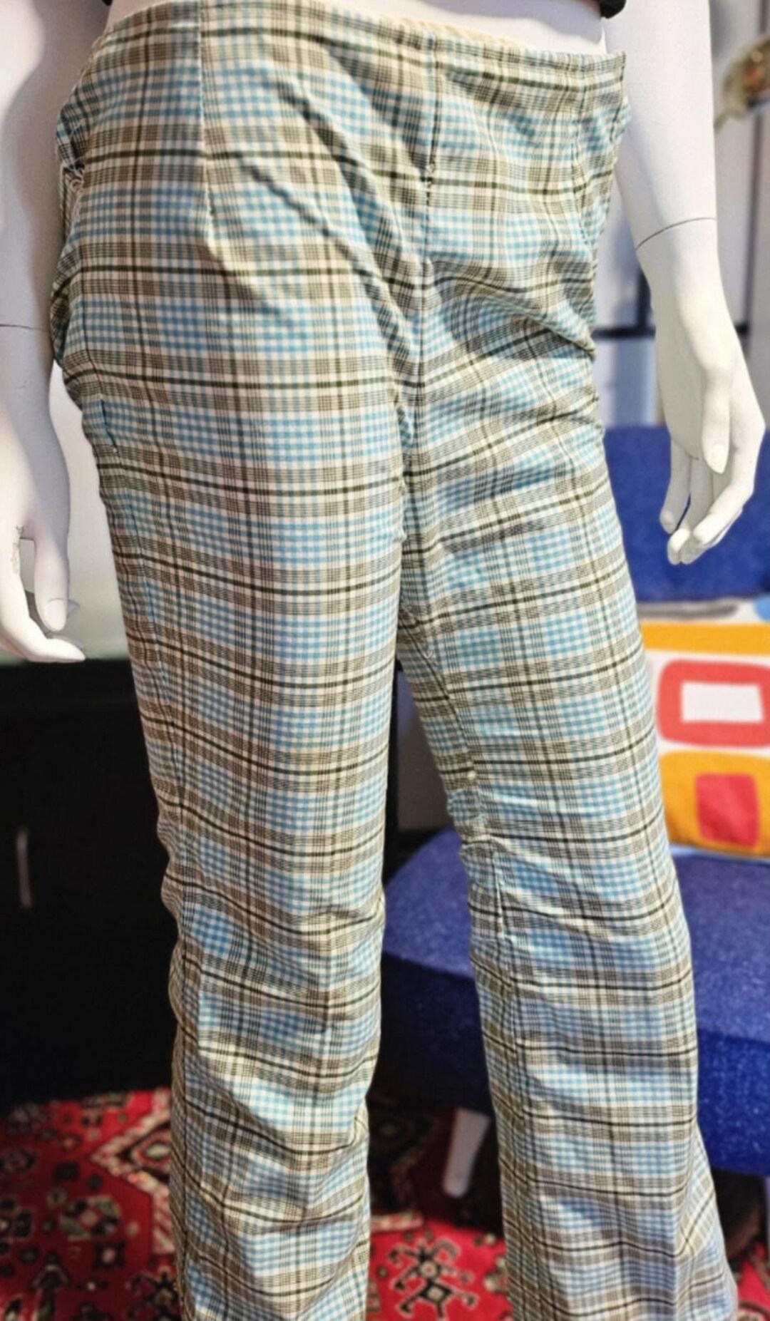 Vintage 1950/60s Blue Green White Plaid Pants Low Rise Waist Vintage 1950/60s Blue Green White Plaid Pants Low Rise Waist