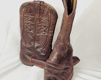 Vintage SANCHO BOOTS, Brown Leather Cowboy Boots Made in Spain, Size 44/US 11, Western Snip Toe Braided Detail, Distressed Boho Western Mens