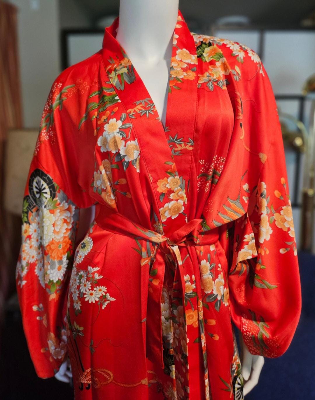 Vintage 90s Floral Kimono Robe: Orange Rickshaw Print, Made in Japan - Etsy