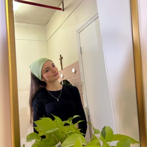 May include: A woman wearing a light green headband and a black long-sleeved top is reflected in a gold-framed mirror. A silver cross pendant necklace is visible. A vibrant green plant is in the foreground.