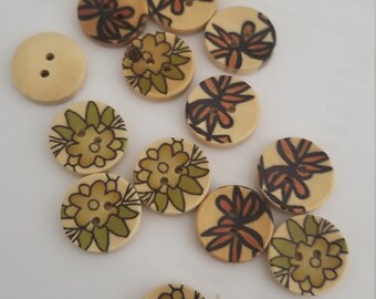 Round Floral wooden Buttons set of 15