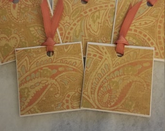 5 small Orange Paisley designed tags with ribbon