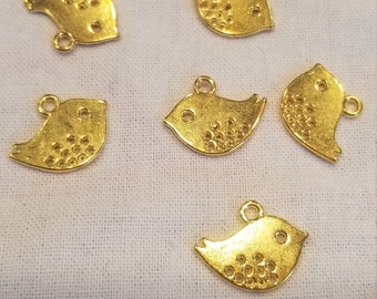 Set of 6 Cute Whimsical Gold tone Bird Pendant Charms