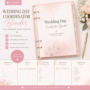 May include: A pink wedding day coordinator binder with 27 pages, featuring a watercolour floral design, gold ring binding, and tabbed dividers labelled Timelines, Suppliers, Ceremony, Reception, Checklists, and Notes, accompanied by a gold pen.