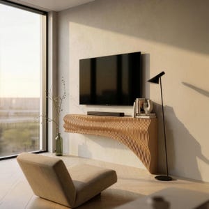 May include: A modern living room featuring a wall-mounted TV above a unique wooden console with a wavy design. A black floor lamp and a beige armchair are also visible. The room has a large window.