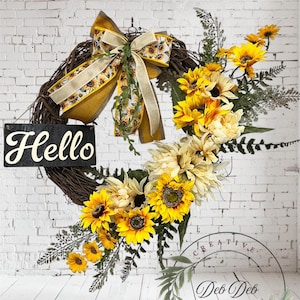 Sunflower Wreath, Autumn Farmhouse Style Wreath, Handmade Fall Wreath, Cottagecore Door Decor, Summer or Fall Wreaths for front door