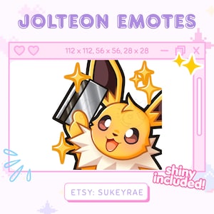 Könnte beinhalten: Digitale Illustration eines Jolteon-Charakters mit Glanzeffekt, der ein silbernes Objekt hält und von gelben Sternen umgeben ist. Das Bild ist in einem rosa Fenster mit dem Text "JOLTEON EMOTES" und "shiny included!" gerahmt.