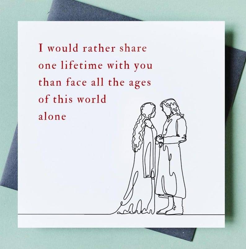 K&ouml;nnte beinhalten: Eine Schwarzwei&szlig;-Zeichnung eines Paares, das zusammensteht. Der Text "I would rather share one lifetime with you than face all the ages of this world alone" ist in Rot geschrieben.