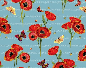 Poppy fabric, Poppy Days fabric, Blue Poppies, blue floral, red flowers, Studio E fabric, Alexa Kate fabric, 100%cotton, butterflies poppies
