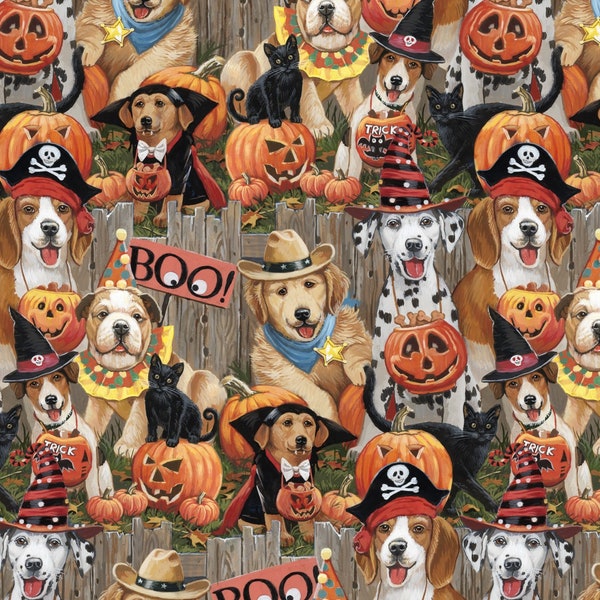 Dog fabric, Halloween dogs, Halloween Tricksters, David's Textiles, dogs and kittens, Halloween kitten, Pumpkins Vampire, Halloween cat dog