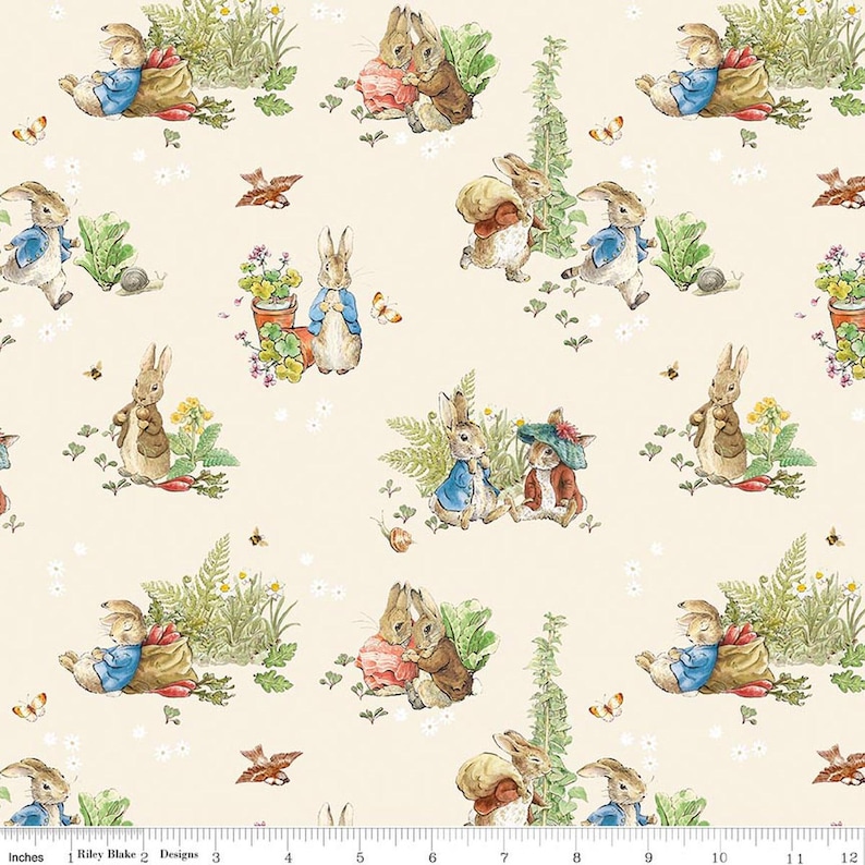 May include: A cream-colored fabric featuring a repeating pattern of watercolor illustrations. The design includes rabbits in various poses, butterflies, flowers, and greenery. The illustrations are in soft pastel colors, creating a whimsical and charming aesthetic.