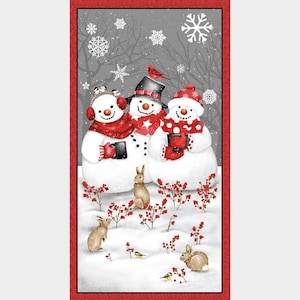 May include: A winter-themed panel featuring three snowmen wearing red scarves and hats, surrounded by snowflakes, birds, and rabbits in a snowy landscape. The snowmen are holding mugs. The panel has a red border.