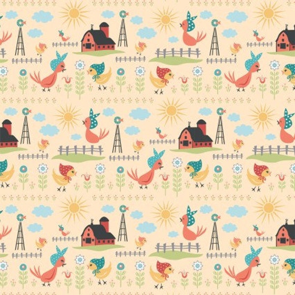 Chicken fabric, Chick a Doodle Doo, farm fabric, Barns chickens, Poppie Cotton fabric, Chickens in Headscarves, Rise and Shine Yellow,