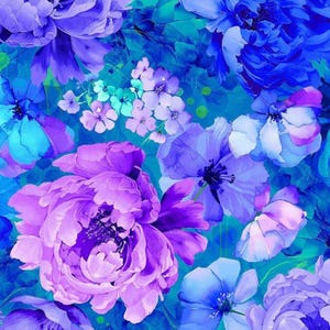 Grandes fleurs bleues, Timeless Treasures, tissu 100 % coton, CD3581, Collection Bellagio, Packed Floral,