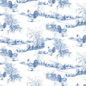 May include: A white fabric featuring a repeating blue toile pattern of roosters, chickens, and chicks in a rural landscape. The design includes detailed illustrations of trees, wooden fences, and small houses scattered across the farm scene.