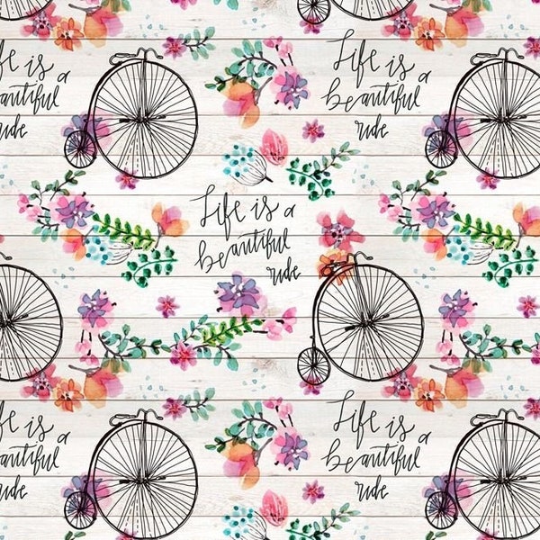 Bicycle fabric, flowers bicycles, Beautiful Ride, Davids Textiles, one yard Factory PRECUTS,  DT-6973-PC-1,
