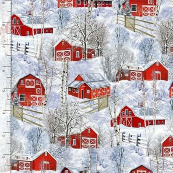 Christmas fabric, Red barns in snow, Rustic red barns, snow ice fabric, snowy barns, Christmas Farm, Timeless Treasures,   Christmas Barn,