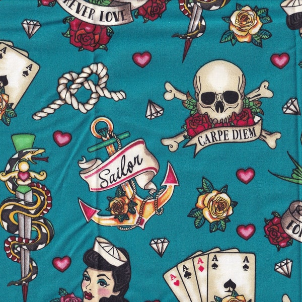 Sailor fabric, ONE YARD PRE Cuts,  P16480-E,  Retro Tattoo,  Pin-Up Sailor Print, Fabric Traditions,  Carpe diem, Vintage Sailor print.