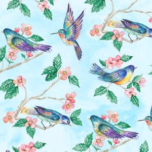 May include: Watercolor illustration of colorful birds perched on flowering branches against a light blue background. The birds feature shades of blue, purple, yellow, and green, with pink blossoms and green leaves.